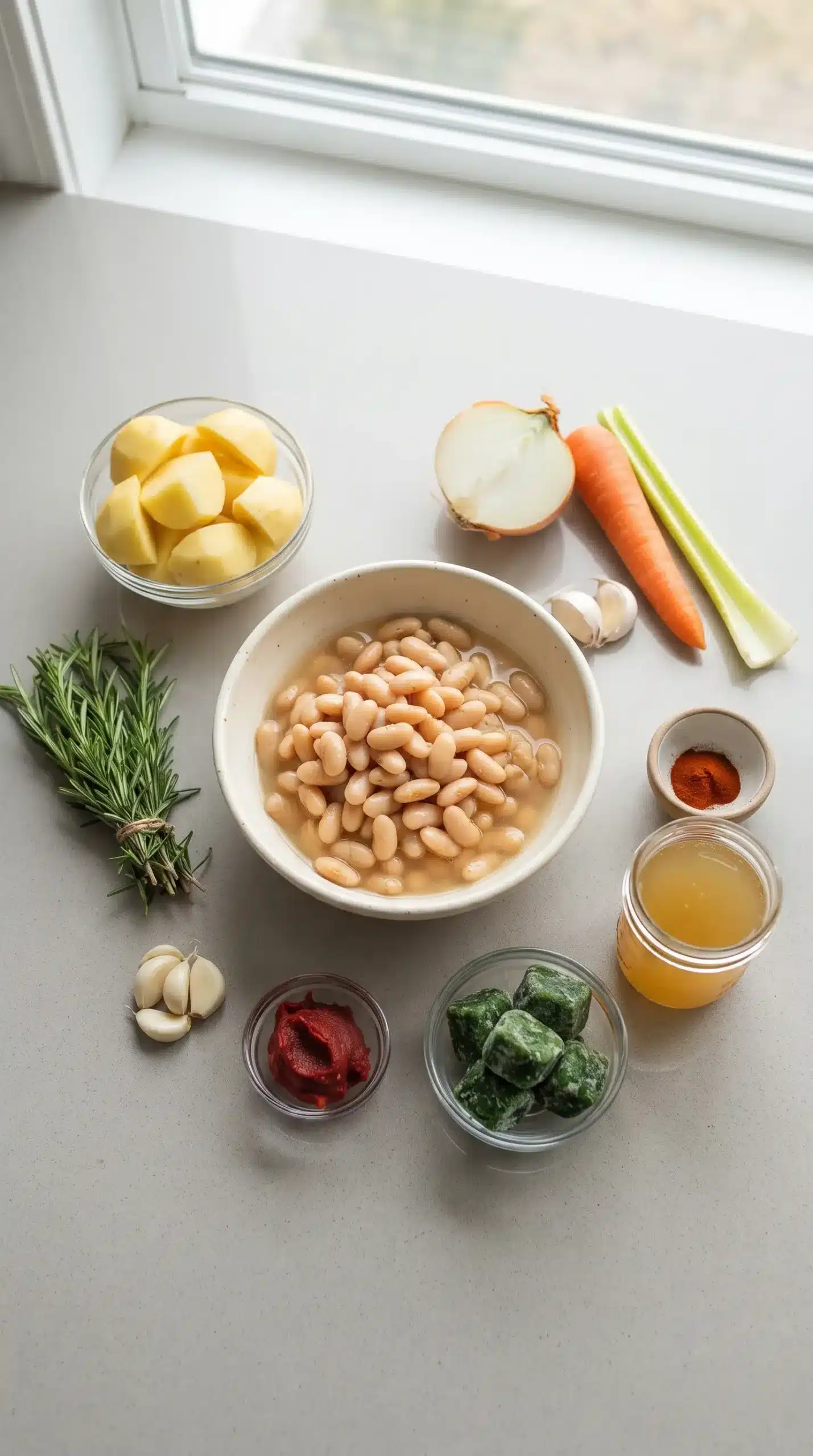 Ingredients for white bean soup including cannellini beans, potatoes, rosemary, and vegetables