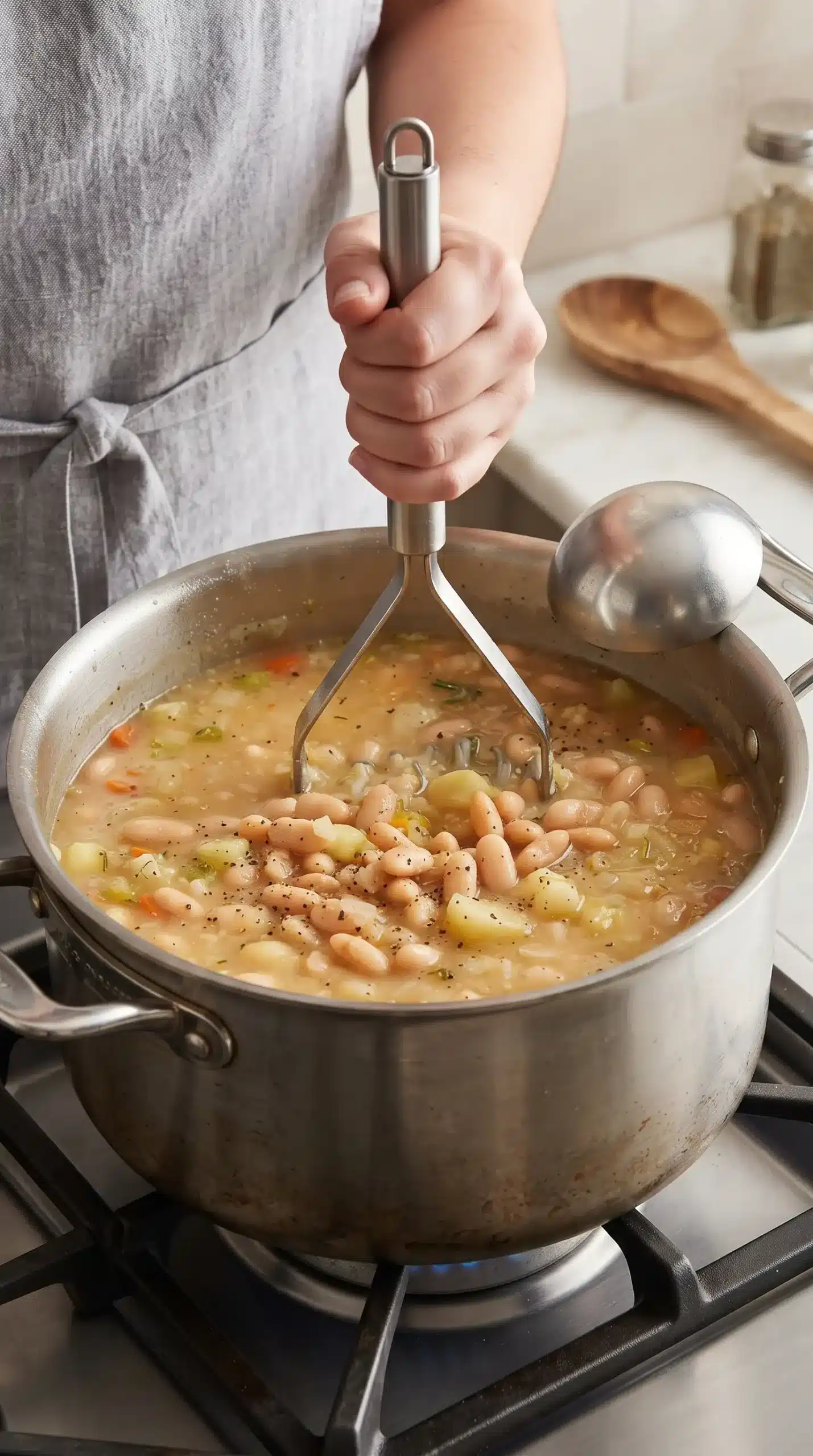 Cannellini beans and potatoes mashed into broth to create a creamy white bean soup texture