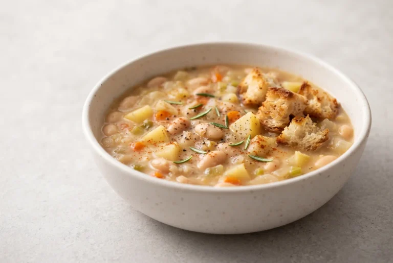 White bean soup with rosemary and potatoes in a ceramic bowl with creamy beans and vegetables