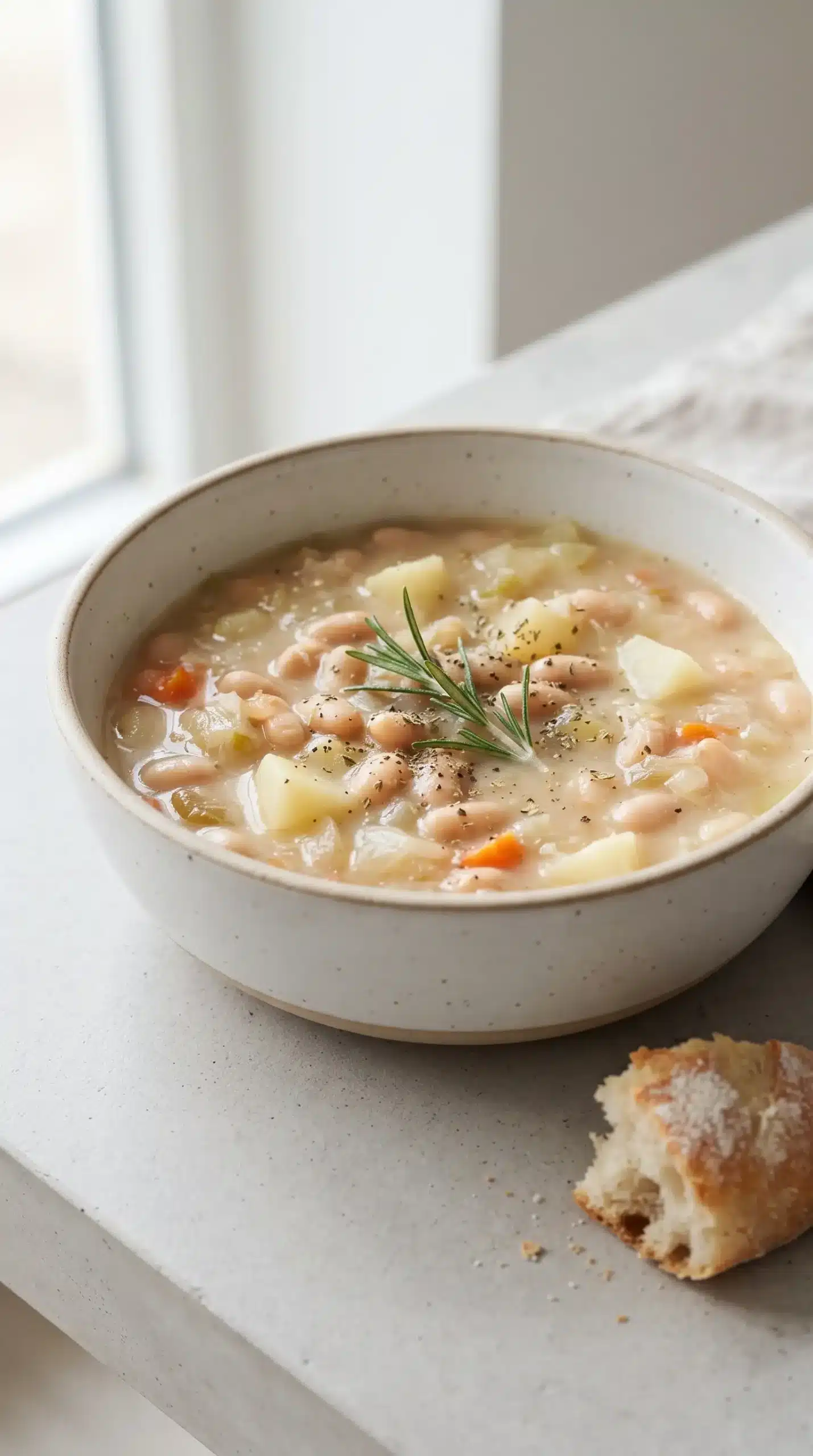 Finished white bean soup with rosemary and potatoes served with crusty bread