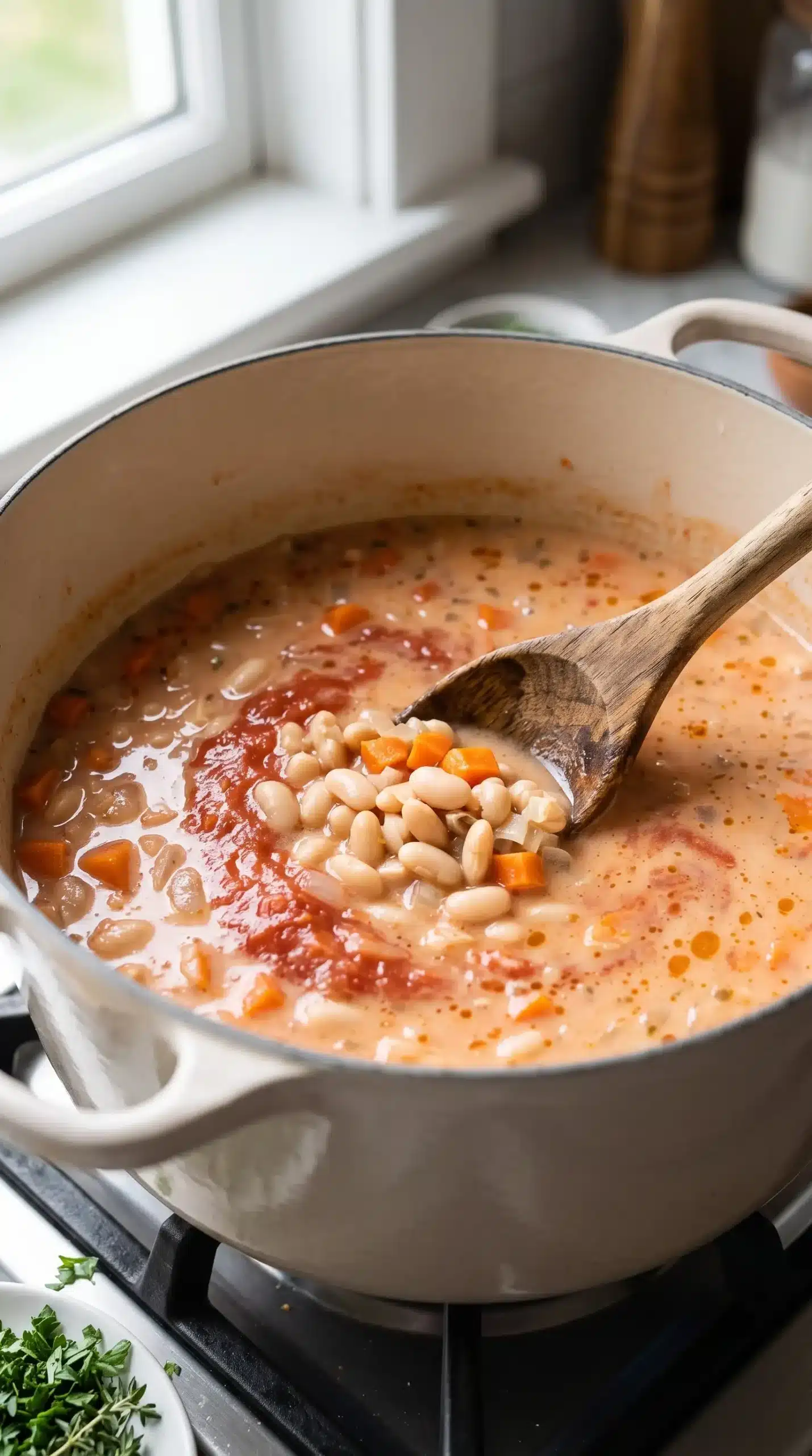 White bean tomato soup simmering with beans, vegetables, and tomato broth