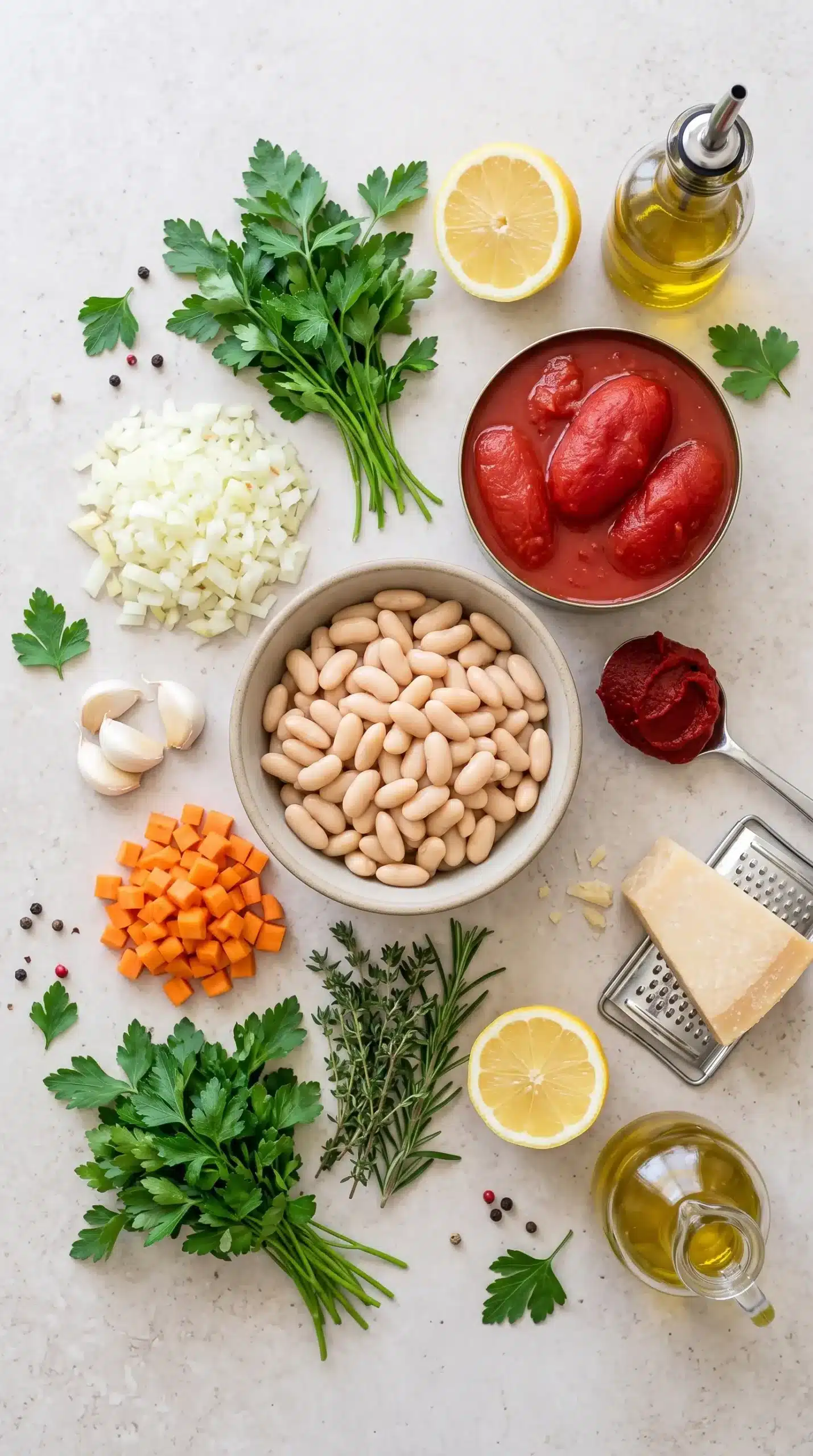 Ingredients for white bean tomato soup with beans, tomatoes, herbs, and Parmesan