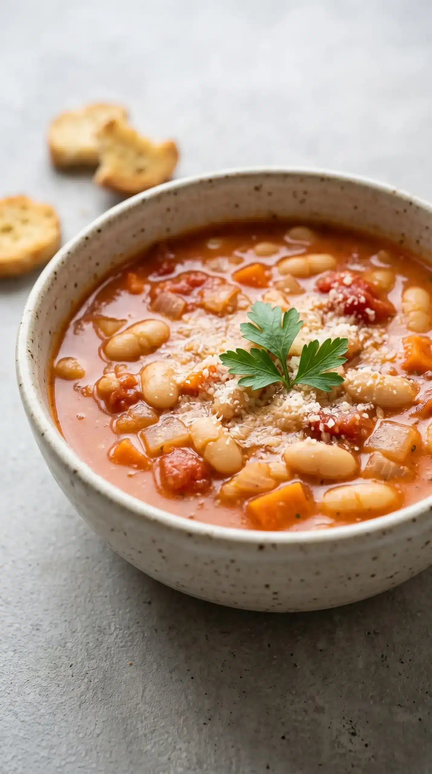 Bowl of white bean tomato soup with whole beans, vegetables, Parmesan, and parsley