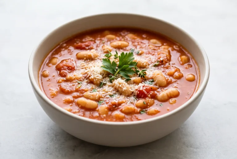 White bean tomato soup with Parmesan and herbs in a ceramic bowl