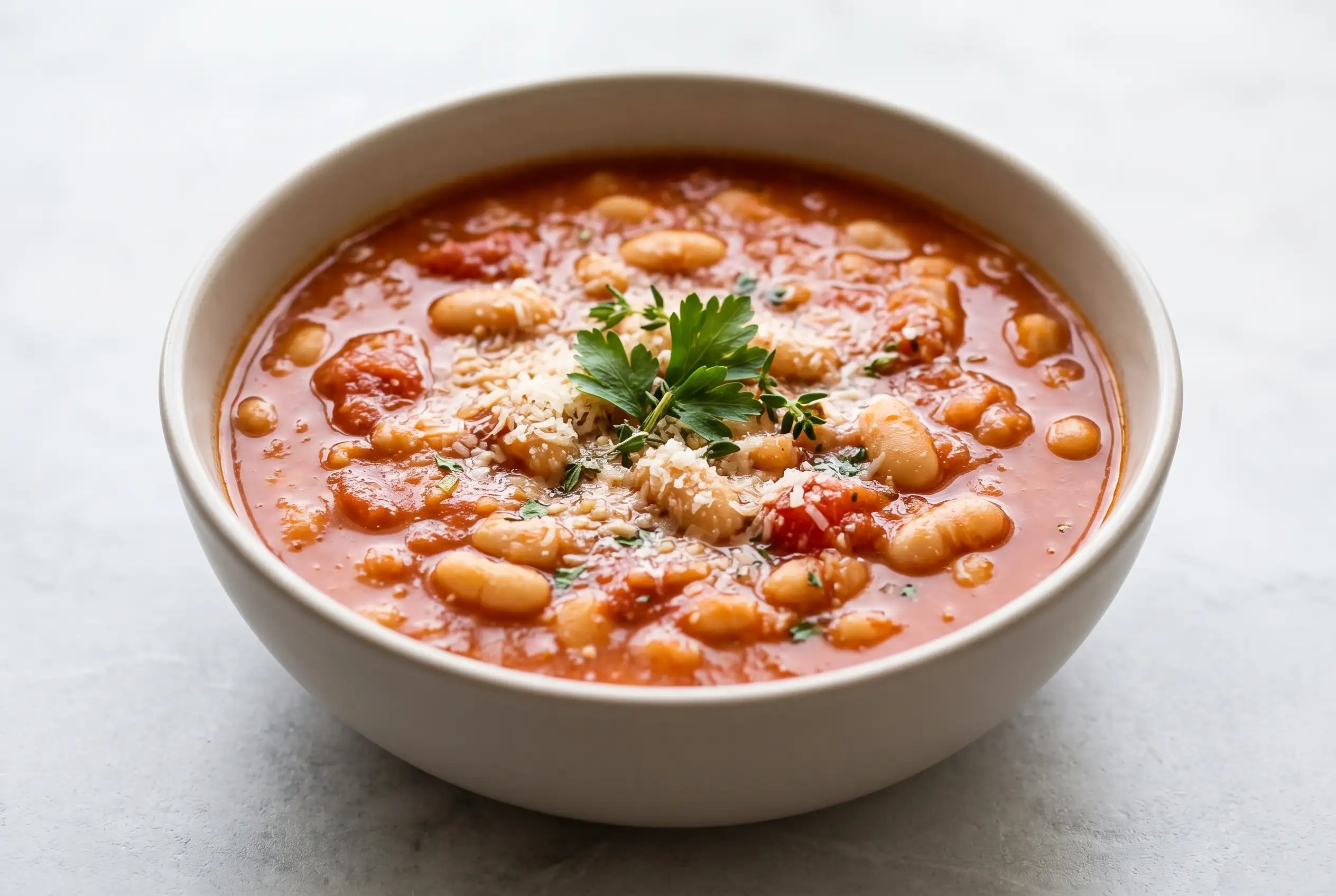 White bean tomato soup with Parmesan and herbs in a ceramic bowl