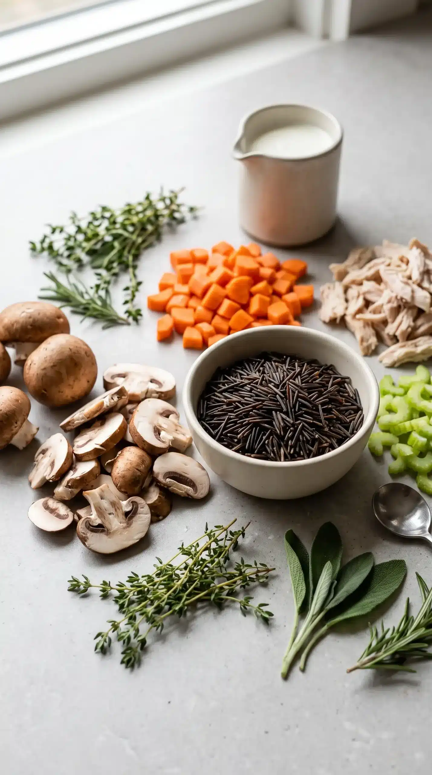Wild rice, mushrooms, vegetables, chicken, herbs, and cream ingredients for autumn soup preparation