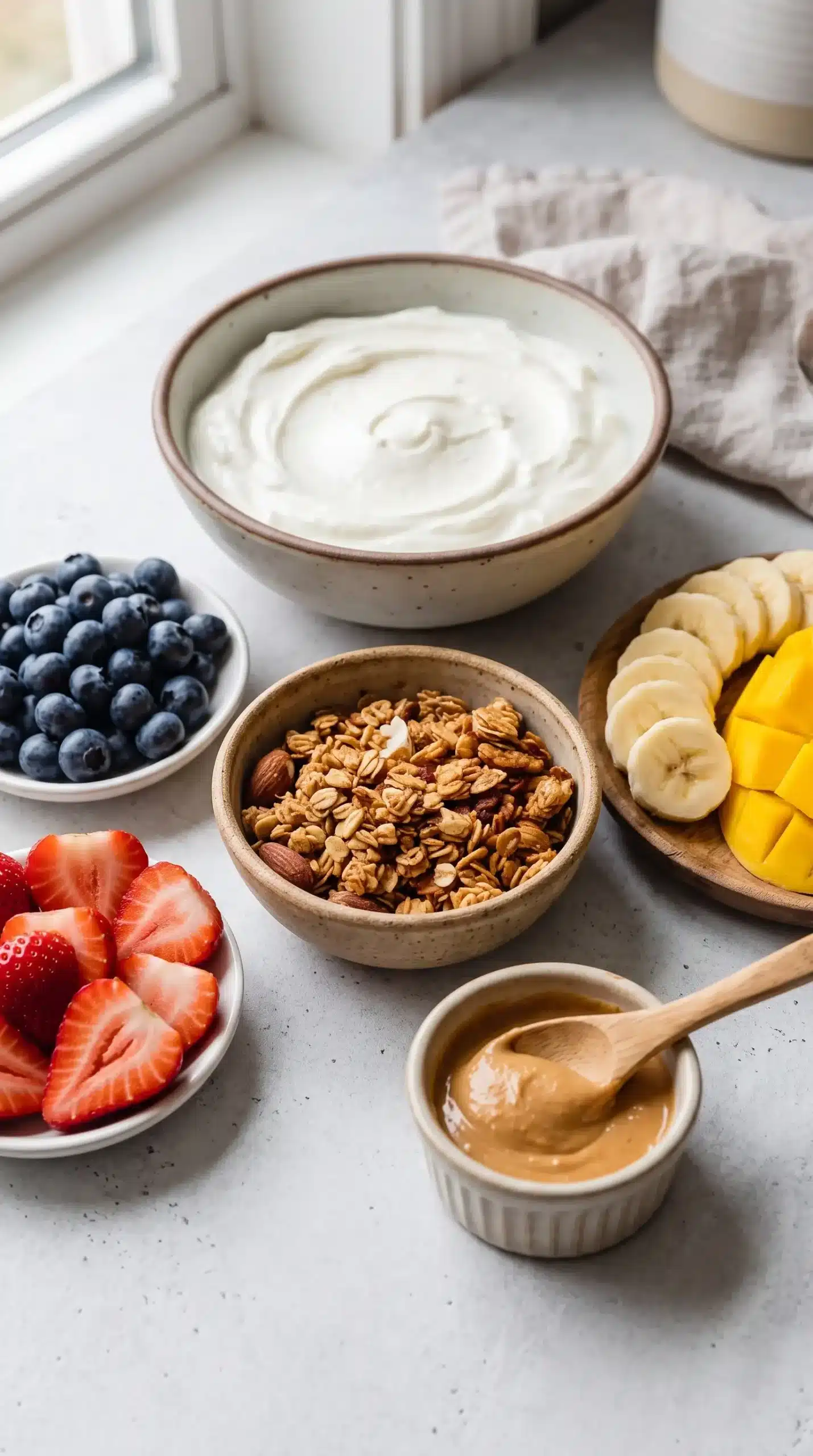 Ingredients for yogurt granola bowls with Greek yogurt, granola, berries, banana, mango, and peanut butter