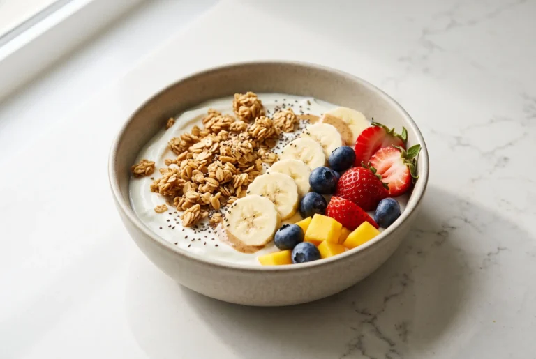 Yogurt granola bowl with Greek yogurt, fresh fruit, and crunchy granola toppings